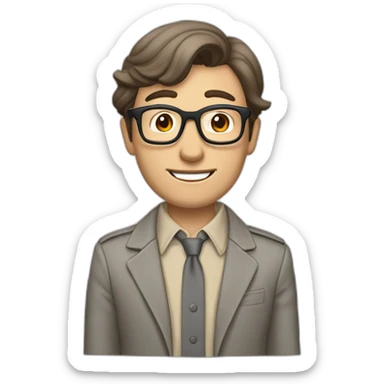 Crickering Pale skinned Fit Man With dark brown hair in gray jacket, beige office shirt, Brown pants and vintage glasses In the joke cap sticker