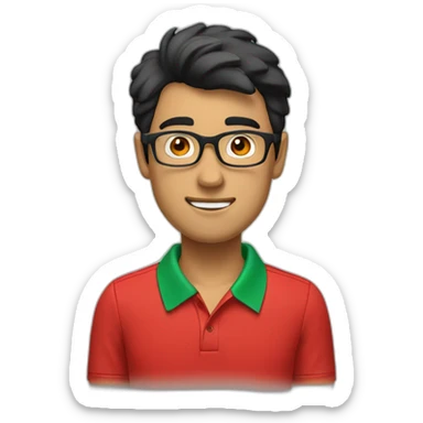 Man with black hair and glasses wearing red polo shirt with green color collar of the shirt sticker