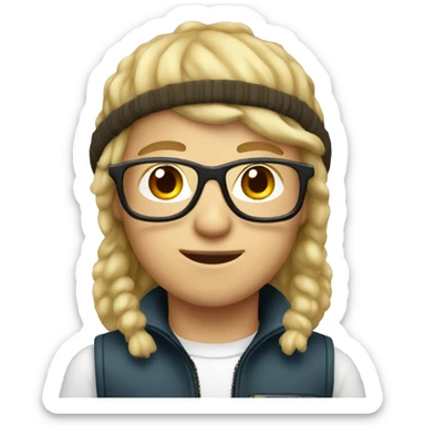 blonde boy with brown mullet, pilot glasses and beanie sticker