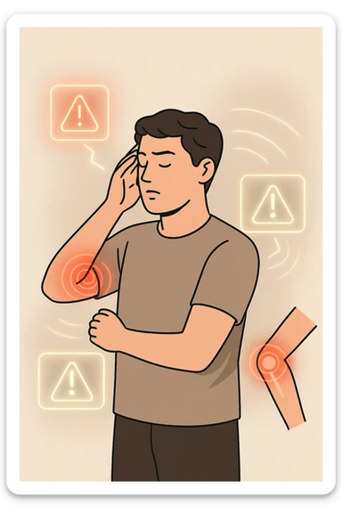 uomo che ignora i suoi un mal di testa, mal di schiena e dolore articolare e ignora ogni segnale e messaggio che il corpo manda per avvertirlo sticker