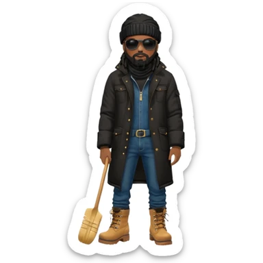 African American man with shoulder length black dreadlocks with black beard wearing black sunglasses wearing a black bubble winter coat wearing denim skinny jeans wearing wheat timberland boots with ski mask on sticker
