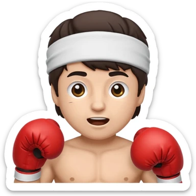 cute emoji version of Rocky Balboa, boxing gloves, headband, energetic face, simplified and rounded sticker