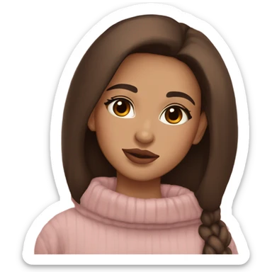 Albania girl,model light skin, long eye lashes, pink beige volume lips, brown eyes, long chocolate brown straight hair, cozy pullover sticker