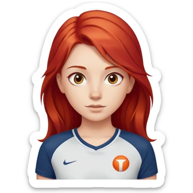 cô gái da trắng tóc đỏ dài ngang lưng mặc áo thể thao sticker