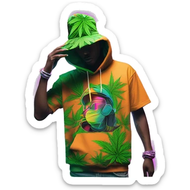 Hemp leaves Multicoloured neon person smoking wearing hoodie dancing hip hop bucket hat tropical Skater fashion aesthetic baggy clothes graphic t shirt 420 sticker