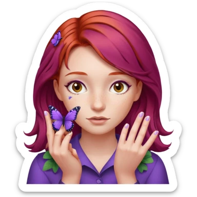 red haired girl finger holding purple butterfly - but her hands down sticker