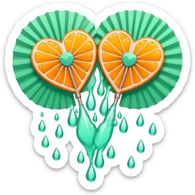orange glittery heart, chopped  in pieces  with mint green water dripping down and a couple art deco fans  sticker