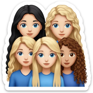 trio de amigas, una con pelo rubio largo liso y ojos azules, otra chica con pelo negro y largo con ojos marrones y otra chica más delgada con pelo castaño pelirrojo y rizado  sticker