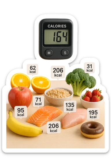 a digital calorie counter hovers above a variety of foods arranged on a table—fruits, vegetables, grains, meats, and desserts. Each food has a floating label showing its calorie content. The background is clean and modern, emphasizing the educational aspect of calorie awareness. scritto in italiano sticker