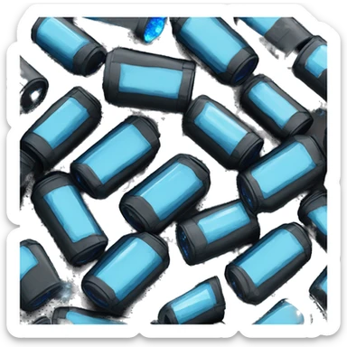 Futuristic tall thin narrow width rectangular military cannister colored matte black with blue rock crystals peeking out sticker