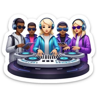 Icon for Electronic Music: Jean-Michel Jarre, Moby, DJ Tiesto, and Jorn van Deynhoven performing with synthesizers, turntables, and futuristic lighting effects. The design should evoke the vibrant and immersive atmosphere of electronic music festivals. Transparent background. sticker