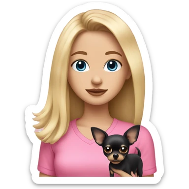 Blonde girl with blue eyes wearing a pink shirt holding a black long hair chihuahua sticker