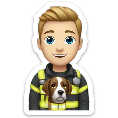 White firefighter with blue eyes and brown hair holding one black Labrador sticker