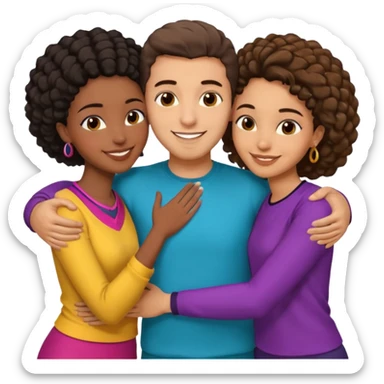  middle Eastern man with short brown hairwith two black african women both are African one is medium tone light tone skin black and one is medium tone black with african hair styles. and they are all smiling and putting their arms around each other and kiss, kissing and hugging. sticker