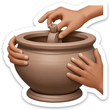 Close-up of two hands working from outside a clay vessel on a silver pottery wheel, both pinching and lifting the clay upward at the same spot to form the vessel wall sticker