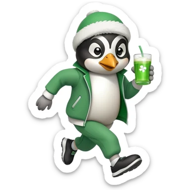full body friendly anthropomorphised penguin wearing green mafia-style tracksuit, angry, running determined sprint, shamrock accessory, no drink sticker