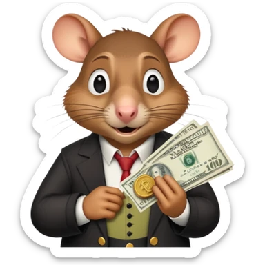 roddy the rat from the movie Flushed Away, holding cash sticker