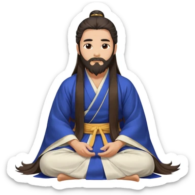 Beautiful man with lightly tan skin and dark long beard, long hair, in Hanfu sitting on the ground sticker