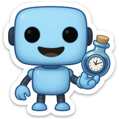 Replace the flower in the robot's hand with a time elixir bottle. Keep the rest of the image the same. The robot is light blue (#b0f2f8) and cute. The style should resemble apple emoji style with a transparent background. sticker
