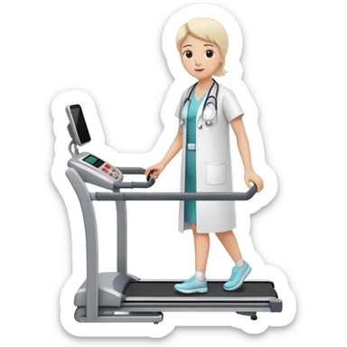 treadmill, patient in hospital gown, heart monitor, and doctor sticker