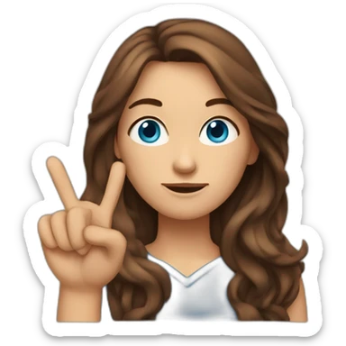 brown-haired woman with long hair, blue eyes shows her index finger sticker
