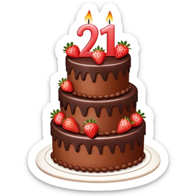 A Multi-tiered birthday cake with the number twenty one 21 on it and the cake is chocolate and straw berries and nice burning candles sticker