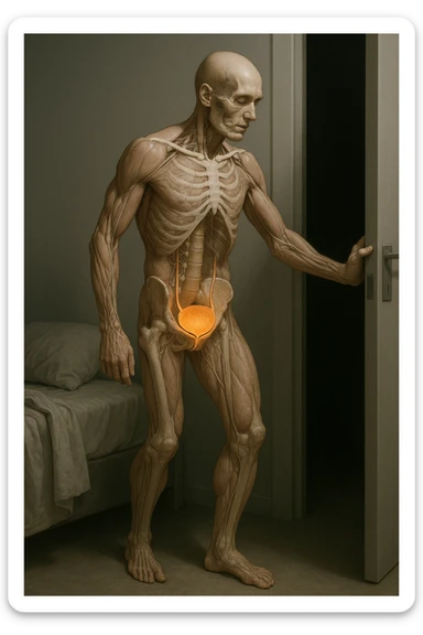 CORPO UMANO ANATOMICO CHE SI SVEGLIA LA NOTTE PER SVUOTARE LA VESCICA, VESCICA ANATOMICA IN EVIDENZA, IPERREALISTICO SFONDO CHIARO NEUTRO sticker