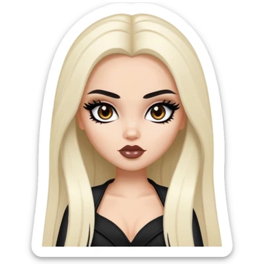 pretty bratz baddie, black eyeliner, medium white skin, jet-black long hair, dark brown eyes sticker