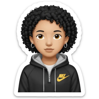 Blasian teenager wearing a nike hoodie with black curly hair and ears pierced sticker