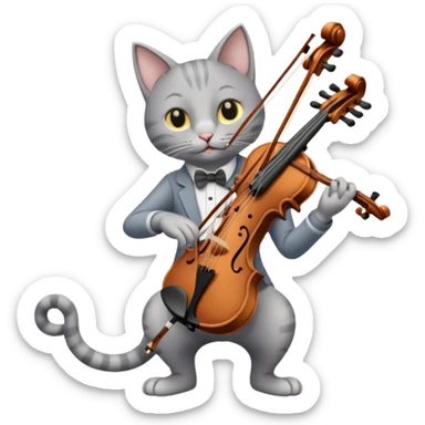 thin grey cat play violin, long full body sticker