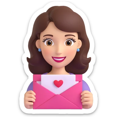 3D emoji of a smiling, feminine face with big eyelashes, no body, colorful and friendly, romantic style, with feminine accessories, motif: love letter, transparent background sticker