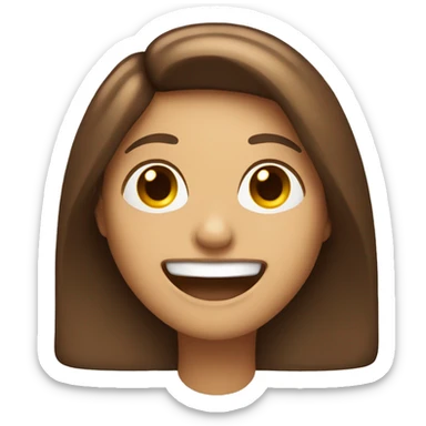 An emoji of a woman with long, straight brown hair and a large mouth, smiling with a friendly expression sticker