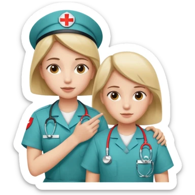 A young medic (woman) attending to a child patient at the local hospital sticker