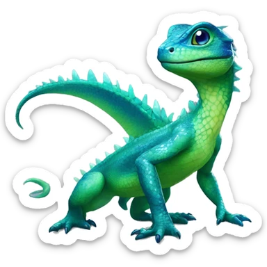 A Cyan Shiny Glossy Iridescent Anthro-Scalie-Lizard-Reptile-Salamandrian-Fakémon with dark-blue patterns and light-green belly Full Body sticker