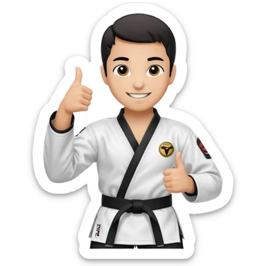Perfecto pero el uniforme debe ser de taekwondo de ATA cinturón negro con un logo de mambo negra y realizando este gesto sonriendo 👍🏼 sticker