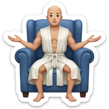fullbody jacked bald guy, sleeveless and unbuttoned in full white robe sitting without chair and hands down sticker