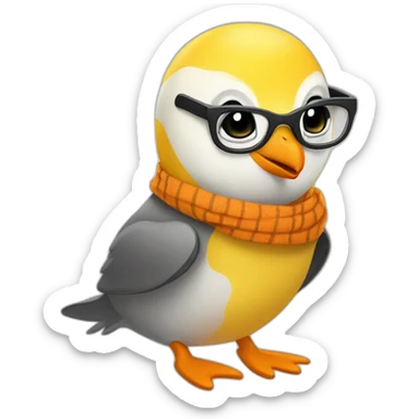 yellow penguin with black glasses dirtyblonde hair with orange tshirt and gray striped scarf sticker