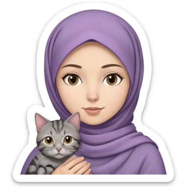 White girl wearing dusty purple hijab holding a black and grey tabby cat sticker