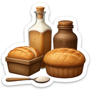 a bottle of salt (salt cellar) and a loaf of peasant bread - still life composition sticker