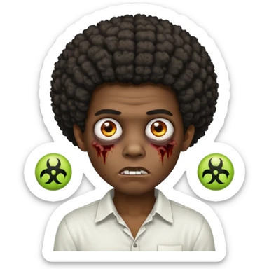 A dark-skinned boy with an afro, zombie eyes, and ears, wearing a white shirt. sticker