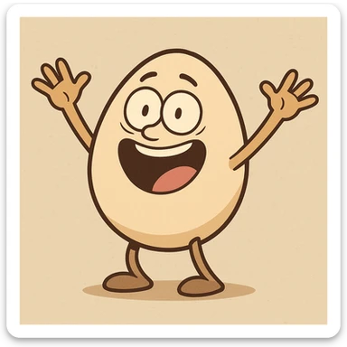 a happy egg with hands up, excited pose, flat illustration style sticker