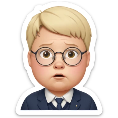 Piggy from 'Lord of the Flies', round face, glasses, chubby cheeks, short hair, anxious expression, school uniform hints sticker