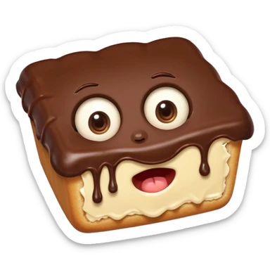 Funny cartoon rectangular chocolate mini pastry, slightly messy and squished, chocolate dripping, big round eyes, wide open mouth, playful surprised expression, text above: "ПАСТИЧКА", chibi style, Twitch emoji style, transparent background, colorful
``


 sticker