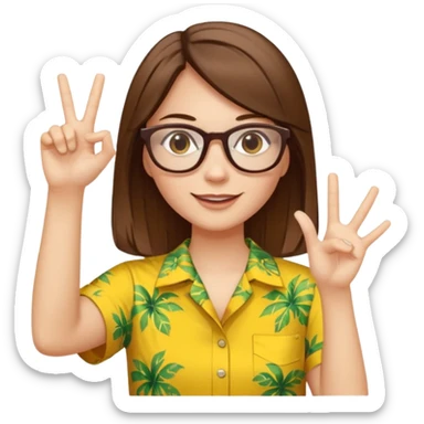Hawaii female with white skin. Shoulder length straight brown hair. Brown eyes with glasses. Female wearing yellow Hawaiian print shirt. Women is making a hang loose sign with her left hand sticker