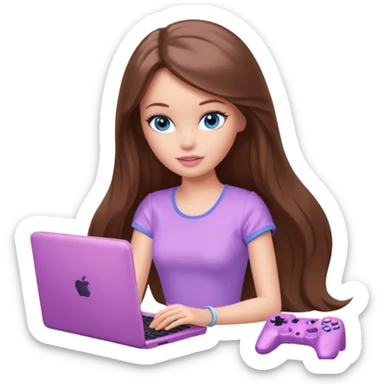 beautiful barbie girl with long brown hair, blue eyes and wearing light purple clothes playing pc games sticker