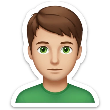 young man with brown hair that goes really high up, green eyes wide open sticker
