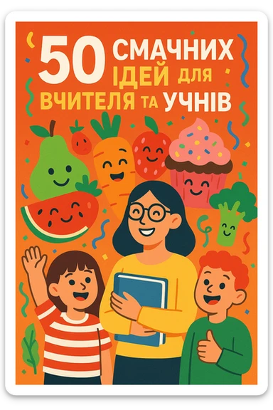 Обкладинка посібника з текстом українською мовою: «50 смачних ідей для вчителя та учнів». Мультяшний стиль, яскраві кольори, веселі ілюстрації їжі (фрукти, овочі, десерти), усміхнені вчитель і учні, святкова атмосфера, сучасний вигляд. sticker