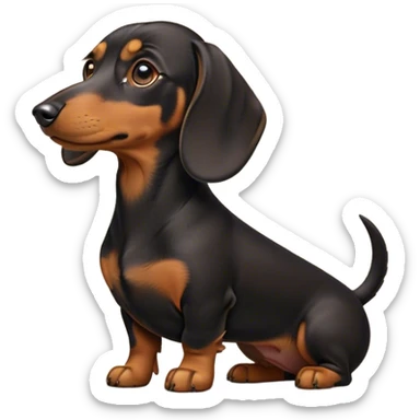 Cinematic Noble blablack and tanck and tan Dachshund Portrait Emoji, Poised and regal, with a long, low-slung build and a smooth, well-groomed black and tan coat, deep-set soulful brown eyes, Simplified yet sharp and sophisticated features, highly detailed, glowing with a soft, dignified glow, high shine, intelligent and determined, stylized with an air of charm, focused and attentive, soft glowing outline, capturing the essence of a watchful and confident companion, so majestic it feels as though it could slide out of the screen with effortless authority! sticker