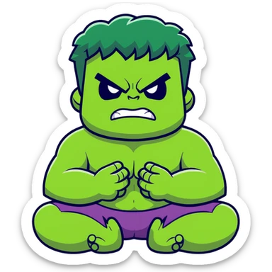 Hulk calming down, green superhero transitioning from angry to peaceful, breathing deeply, meditation pose, relaxing expression sticker
