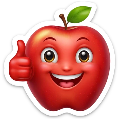 An apple with a big smile and expressive eyes giving a thumbs-up sticker